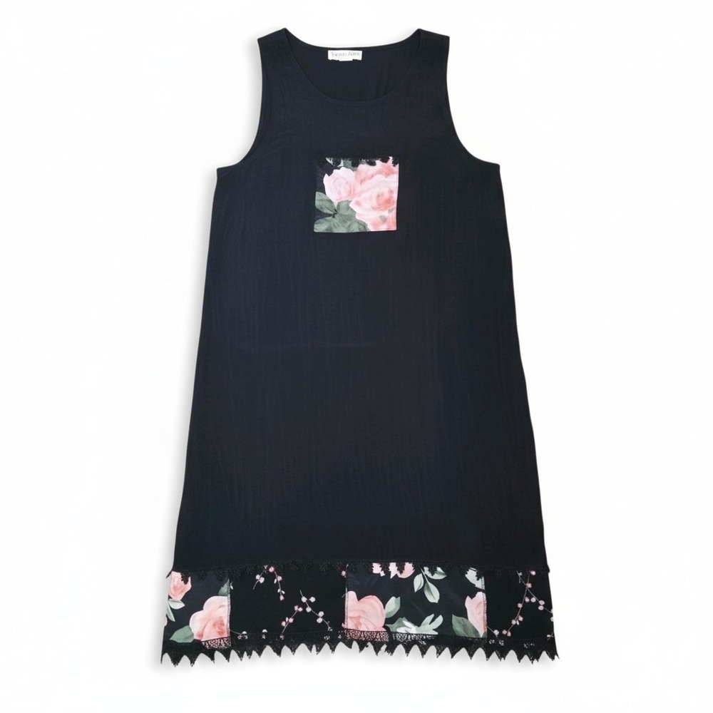 Black Floral Midi Dress Womens Large Sleeveless Boho Cottagecore Artsy